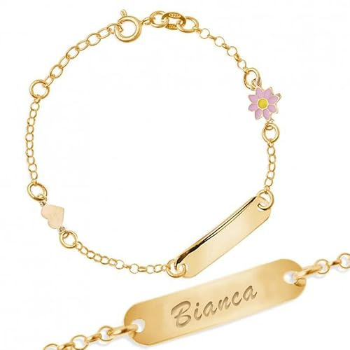 Sakrami Armband aus Silber 925 Babyplakette mit Blume und Herz + Personalisierte Geschenkbox - Armband für Geburt Kommunion oder Taufe