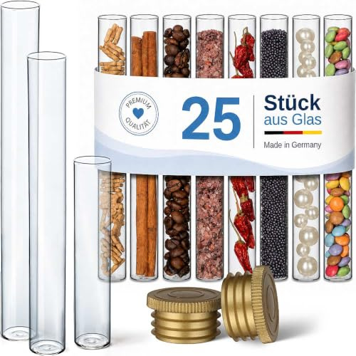 Tuuters Glas Reagenzglas mit Gold-Verschluss 25 Stück (180 x Ø20mm) DIY | Reagenzgläser in 3 Größen: Flachbodengläser für Gewürze, Blumen, Samen, Deko - Reagenzgläschen als Geschenk zur Hochzeit