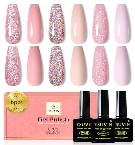Yueshop Gel Nail Polish Set- 6 Colors Nude Pink Glitter Sparkle Gel Nail Polish Pink Sparkly Shiny Summer Nail Polish, Soak Off UV Gel Nails Art Manicure Varnish For DIY at Home