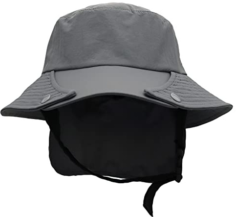 Panegy Surf hink hatt UV-skydd unisex solhatt med hakremmar vattentät andningsbar fiskehatt med avtagbar nackflik för surfing vattensporter, Grå, one size
