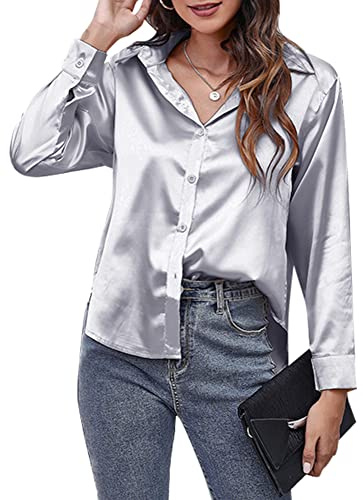 Panegy Chemise en Satin pour Femmes Blouses à Manches Longues Boutonnée Haut de Travail Chemises Aspect Soie pour Dames Hauts de Bureau, Argenté., XXL