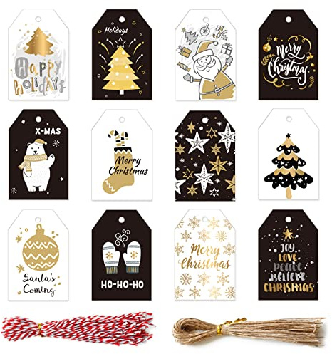 Bekecidi 96 Stück Geschenkanhänger Weihnachten Weihnachtsanhänger Xmas Hang Tag Etiketten Weihnachten mit Schnur und Baumwollgarn für Geschenk Verpackung, Weihnachten DIY Handwerk (A6)
