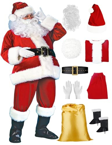 DressVoguer Santa Claus Costume for Men 9-Piece - Deluxe Santa Suit with Hat, Christmas Party Costume for Men Adult Santa Outfit 3XL