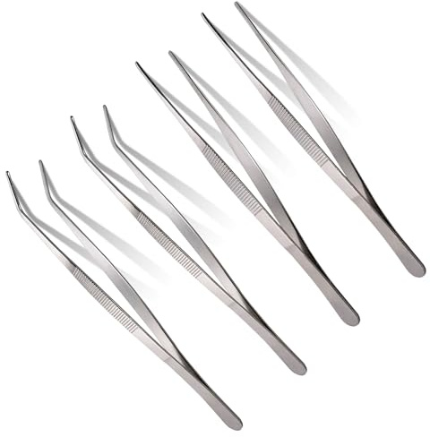 4 pinzas largas, pinzas rectas y curvadas de acero inoxidable de mango largo, juego de pinzas de precisión con puntas dentadas, herramientas de bonsái para jardín, cocina, interiores y exteriores (7
