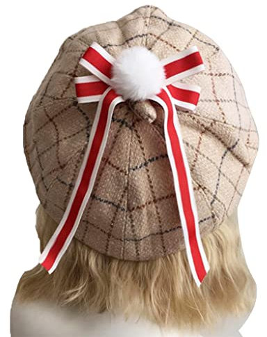 KieTeiiK Baskenmütze, Mini-Mütze, bequem, Wollstoff, kariert, achteckig, Lolita-Barett mit Schleife, modische Baskenmütze für Damen und Mädchen, Beige karierte Mütze RD, 6 3/4-7 1/4