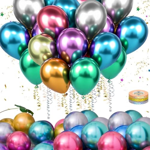 Mbsomnus 60 Pièces Ballons Anniversaire Multicolore avec 3 Rouleaux Rubans Colorés Helium pour Ballon 12 Pouces Ballons Latex Naturel Ballon de Baudruche pour Mariage Arche Décoration Shower Bapteme