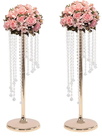 2 Stück Blumenständer, Acrylkristall Blumenständer, Hochzeiten Tafelaufsätze, Acryl Kristall Schnüren Blumenvasen für Verlobung/Jahrestag/Party/Zuhause, 70cm Hoch, Gold