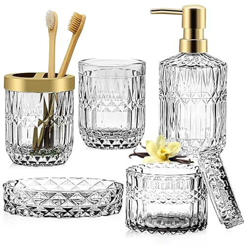 Set di accessori da bagno in vetro, 5 pezzi, accessori da bagno trasparenti per dispenser per lozioni, portasapone, portaspazzolino, bicchiere, barattoli di cotton fioc, regalo di cristallo