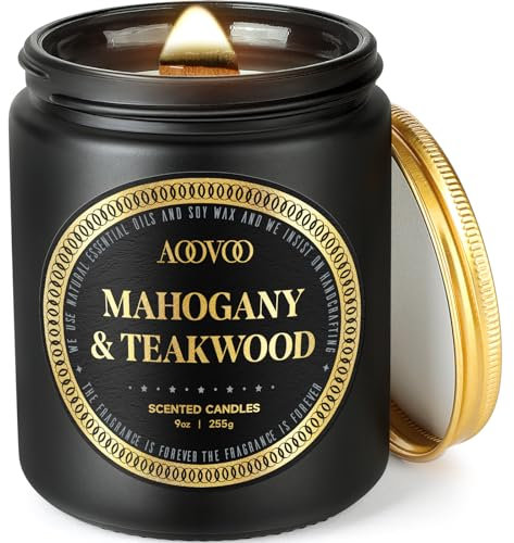 AOOVOO Duftkerzen Männer im Glas - Mahagoni & Teakholz duftend, Holzdocht Natürliche Sojawachskerze Geschenk für Frauen Männer, 255g, 50 Stunden Brenndauer