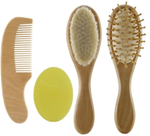 Baby Haarbürste Kamm Set Holzziegen Borsten Badepinsel Dusche Kopfhaut Massaget Werkzeug 4pcs