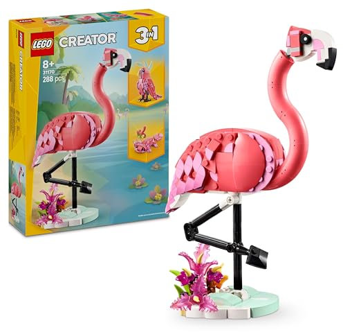 LEGO Creator 3in1 Wild Animals: Pink Flamingo Toy - Transforms into a Cockatoo Parrot Figure or Axolotl - Creative Building Set for Kids Age 8+, Birthday Gift - 31170