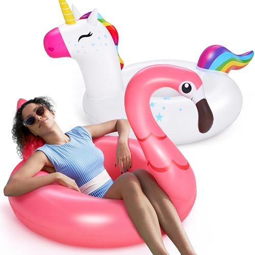 SLOOSH Einhorn-Flamingo-Schwimmring für den Pool – 2Pack aufblasbare Schwimmreifen mit Kopfstütze, Schwimmtier Luftmatratze für Strand, See, Sommer, Pool, Party-Dekoration für Erwachsene und Kinder
