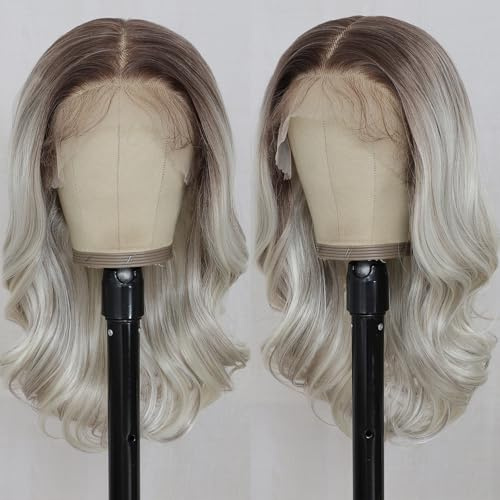 FABÉLLE Ombre Blonde Platine 13×6 Perruques Avant en Dentelle HD Synthétique Collé Pré Couches Brun Racines Corps Vague Perruques Pour Les Femmes Pre Plucked 18 Pouces Dentelle Bob Perruques