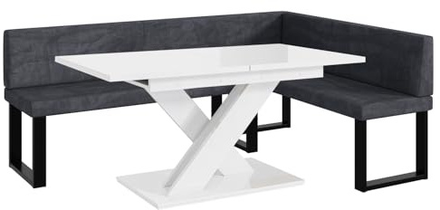 MEBLINI Eckbank für Esszimmer mit ausziehbarem Tisch - Küchenbank - Essecke - Sitzecke Küche - Toni - U-Beine 142x196x87cm Rechts - Dunkelgrau Samt/B Weiß Hochgl.