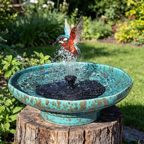 11.6 Solar Ceramic Bird Bath Bowl,Bird Bath Fountain for Outside | Solar Fountain for Bird Bath,Weather-Resistant Vintage BirdBaths Decorfor Garden Patio Yard Deck Lawn (blue)