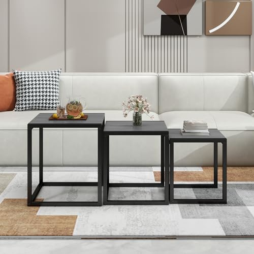 HAHRIR Nesting Table Set of 3 Side Wooden Tables, Square End Tables，Coffee Table with Metal Frame (Grey)