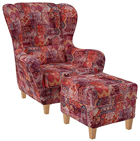 Supellex Sofia Ohrensessel mit Hockerr | Patchwork, Samt-Velours, Orient Rot