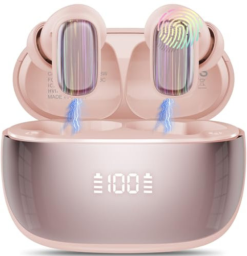 Casque Ecouteurs sans Fil, Écouteurs Bluetooth 5.4 avec ENC Réduction Antibruit Mic, Ecouteurs Hi-FI Son Stéréo, 40 Heures Durée de Lecture, IPX7 Oreillette Bluetooth sans Fil, Or Rose