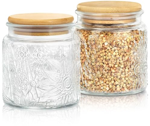 2 * 500ml Overnight Oats Glass Jars with Lid, Airtight Canisters with Bamboo Lid, Kitchen Storage Containers, Decorative Glass Jars for Storing Yoghurt Cereal Coffee Beans Nuts, Sugar, Dry Foods