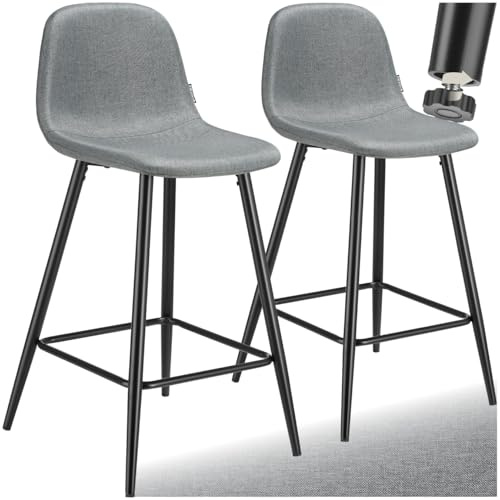 tectake® Taburete Alto con Respaldo, Acolchado, Reposapiés, Tejido Fácil De Cuidar, Patas De Acero, Pies Antideslizantes, Altura Ajustable, Silla Cocina o Bar, Banqueta - 2 sillas Gris Oscuro/Negro