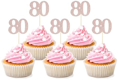 Sotpot 80th Birthday Cupcake Toppers Rose Gold Glitter Cupcake Picks 30 pack for Happy 80th Birthday Party Decor Supplies