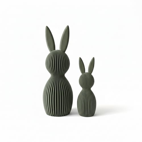 Generisch Scandi Osterhase 3D Deko – Minimalistische Osterdekoration im skandinavischen Design – Gerippte Oberfläche – Moderne Frühlingsdeko 3D-Druck – Set aus Klein 11 cm und Groß 16 cm (olivgrün)