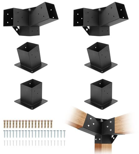 GarveeHome 6-Piece Pergola Kit, 15° 3-Way Slanted Pergola Bracket Set, Roof Wall Mount Angled 4x4 Wood Post Bracket, Outdoor Gazebo Hardware for Wood Beams, Fence, and Carport, Black