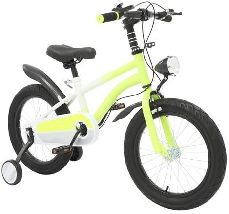 MEHOOSPVN 16 tums barncykel för flickor pojkar från 5–8 år med stödhjul LED-lampa, höjdjusterbar barncykel, kolstållegering cykel för barn pojkar från 4 5 6 7 år, gul