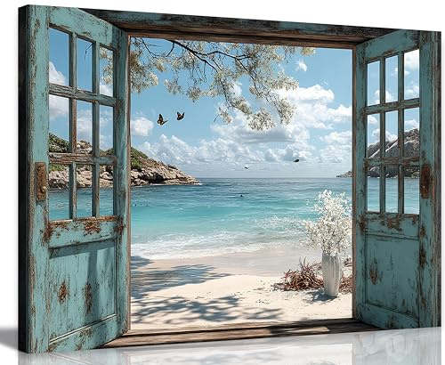 Window Beach canvas Wall Art Blue Coastal Ocean Windows Sea View Paintings Pictures Wall Decor Fake Window Frame Seascape Style Poster Printing Artwork for Living Room Bathroom Home Decoration