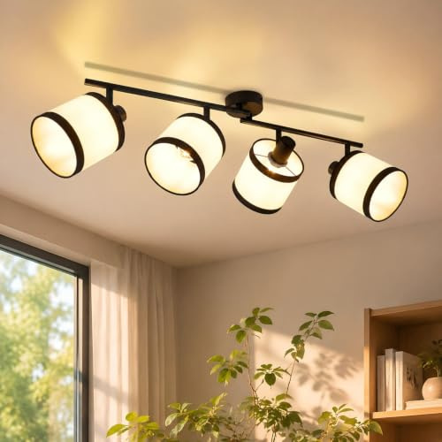 Glitzerlife Deckenstrahler 4 Flammig Deckenlampe Schwarz Deckenleuchte | Vintage E14 Stoffschirm Deckenspot Industrial Schwenkbar 350° für Schlafzimmer Wohnzimmer Küche Flur Ohne Leuchtmittel