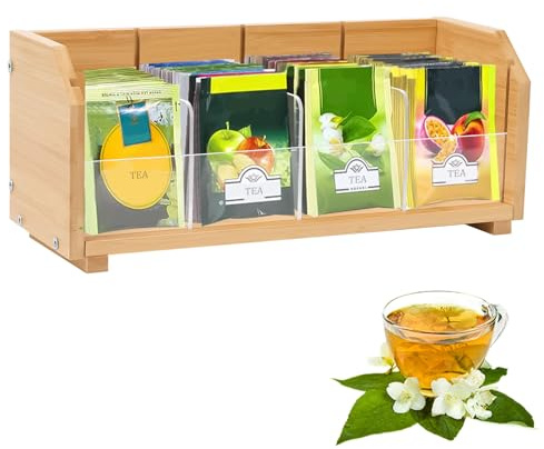 Tefola Scatola Per Bustine Di Tè In Legno, Cassetta Porta Tisane In Legno, 31 X 11 X 13 Cm, Decorativa, Con 4 Divisori Regolabili, Organizzatore Per Bustine Tè E Porta Infusi Sfusi