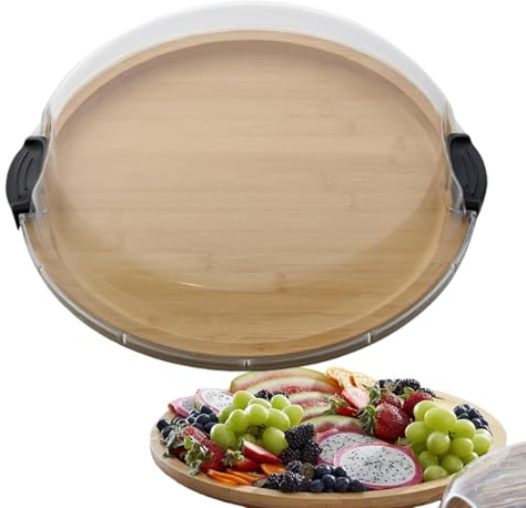 Tablett mit Haube, ø 30cm Holzteller Rund, Wurstbrett, Aperitifschale, Pizzabrett, Fleischteller, tragbare Snackboxs für Obst, Snacks & Gemüses, Käsebrett Organizer, Kühlschrank Aufbewahrungsbehälter