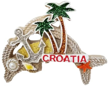 KUSTOM ART Kühlschrankmagnet Kroatien in Form eines Delphins Beige mit Palmen und Anker 3D-Magnet Sammlerstück 8 x 6 cm CC-8