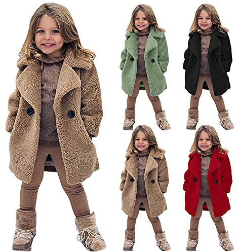Giacca Lunga Pile Bambina Elegante Giacca Invernale Sherpa con Bottoni Cappotto Senza Cappuccio Ampia Giacche Invernali Spessa Caldo Giubbino Tinta Unita Casual Moda per Bambine (Khaki, 18-24 Months)