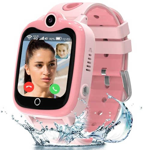4G Smartwatch Kinder, Kinder Smartwatch mit GPS und Telefon, HD Videoanruf, SOS, Schulmodus, Spiel, Wecker, Smart Watch mit SIM, Wasserdicht Kinderuhr Handy Geschenk für Jungen Mädchen Student, Pink