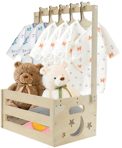 Harupink Babykorb Geschenk mit 5 Baby-Kleiderbügel Holz Babyparty Schrank mit Griff 33 × 17 × 23cm Baby Shower Wäschekorb für Geburtstage Babyparty Geschenk Weihnachten Neue Eltern (B)