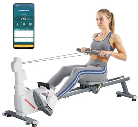 VEVOR leises magnetisches Rudergerät 16 Widerstandsstufen einstellbar, faltbares Rudergerät für Zuhause mit Doppelgleitschienen & LCD-Monitor, Bluetooth-App-kompatibel, 158 kg belastbar