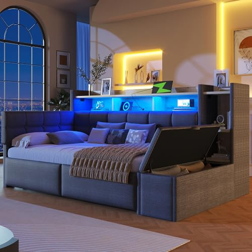 NovaFurnish Tagesbett, Schlafsofa, 90×190cm, mit Zwei Schubladen, USB- und Typ-C-Anschlüssen, Ablagefach, Stauraumbank am Fußende, LED-Lichtleiste, Ohne Matratze, Samt (Dunkelgrau)