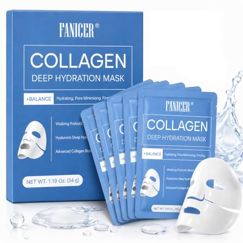 5 Pièces Masque au Collagène, Masque Collagene Hydratant et Raffermissant, Hydratant et Apaisant, Améliore l’Élasticité et l’Éclat de la Peau, Adapté à la Plupart des Types de Peau
