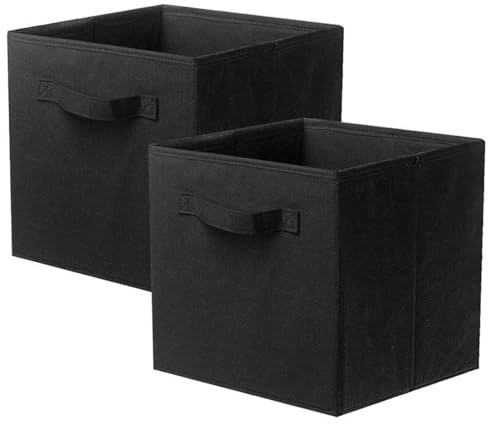 Kisstta Lot de 2 boîtes de rangement en tissu pliables en forme de cube avec poignée, système de rangement pour armoire, étagère, casier, 28 x 28 x 28 cm (noir)