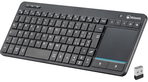 Atlantis Mini tangentbord med inbyggd multitouch-pekplatta - trådlöst RF + Bluetooth, QWERTY, Multimedia funktionstangenter, för PC/Notebook/Smart TV/Smartphone/Surfplatta/iOS/Android - Svart
