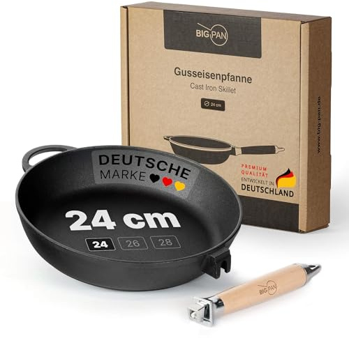 Premium Gusseisenpfanne Induktion 24 cm Pfanne Gusseisen UNBESCHICHTET sandgestrahlt universell Cast Iron Pan für alle Herdarten kratzfest Bratpfanne backofenfest Gusspfanne Eisenpfanne