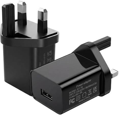 2 Pack 5V 2A 10W USB Plug Adapter, Black UK Charger Plug, Single USB-A Port | 100-240V input, stable 5V 2A output, for phones, tablets, speakers, Kindle, USB fans and other 5V devices, home or travel use