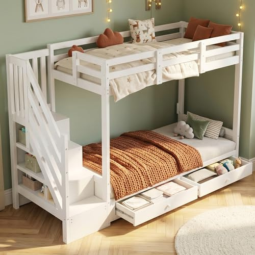 Mielvu Kinder-Etagenbett, Doppelbett, multifunktionales Kinderbett,Mit Treppenschrank und 2 Schubladen, ohne Matratze, Die untere Ebene als Bett oder Sofa genutzt und enthält Kissen, weiß, 90 * 200