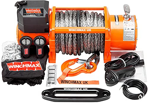 Winchmax 17.000 Libras (7.711 kg) Cabrestante eléctrico Naranja Original de 24v. 30m de Cuerda Dyneema 13mm y Gancho de Competición. Controles remotos inalámbricos Gemelos.
