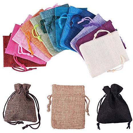 PandaHall Elite - Packung mit 15 Stück 15 Farben Leinen/Hanfbeutel/Beutel mit Rechteckschnur für Hochzeitsgeschenk Schmuck, 9x7cm