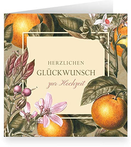 Edle, vintage Hochzeitskarte für das Brautpaar (quadratisch, 15,5x15,5cm mit Umschlag) mit Orangen Blüten: Herzlichen Glückwunsch zur Hochzeit - große XL Klappkarte, Falt-Karte