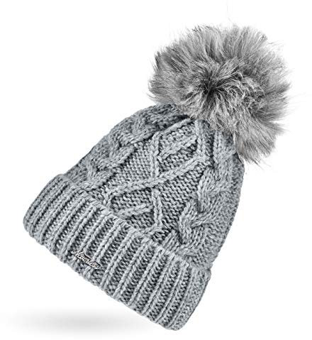 Neverless® Damen Strick-Mütze mit Innenfutter Fleece Fell-Bommel Kunstfell Bommelmütze Zopfstrickmuster Umschlag Hellgrau