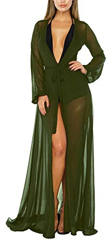 Viottiset Donna Bikini Costume da Bagno Maxi Fluido A Maniche Lunghe Cravatta Anteriore Accappatoio Coprire Army Green 2XL