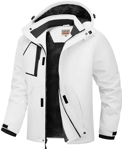 WULFUL Herren wasserdichte Skijacke Warme Wintermäntel Winddichte Winterjacken für Männer Fleece Gefüttert Windbreaker mit Kapuze, Weiss/opulenter Garten, S